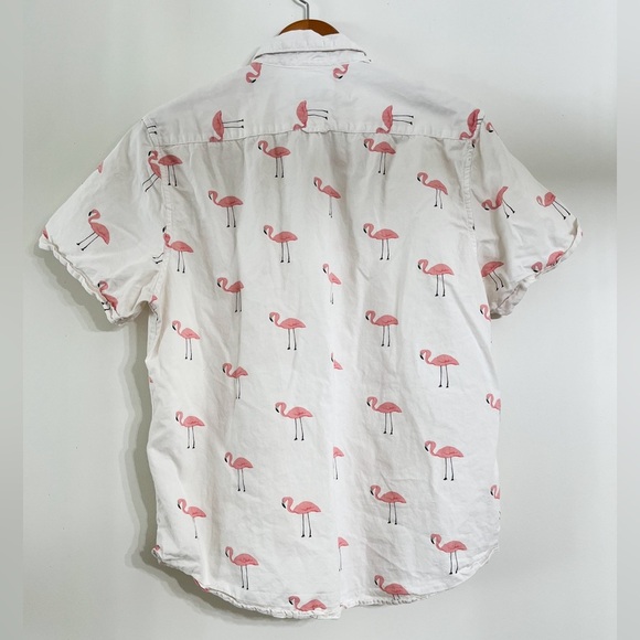 Denim & Flower Cotton Short Sleeves Button Down Shirt Pink Flamingos Slim L - Picture 5 of 9